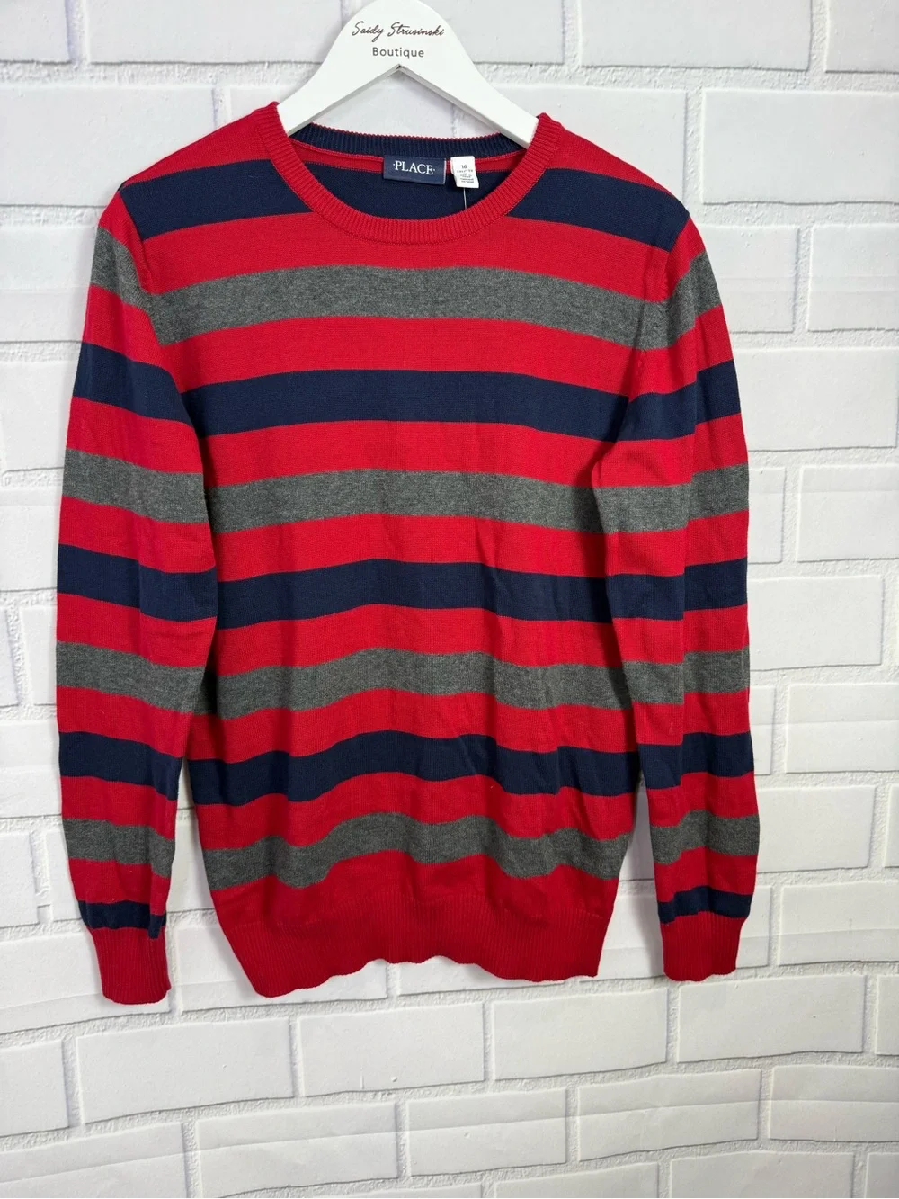 The Children’s Place Boys Striped Sweater Size 16 Red Blue Gray Crewneck